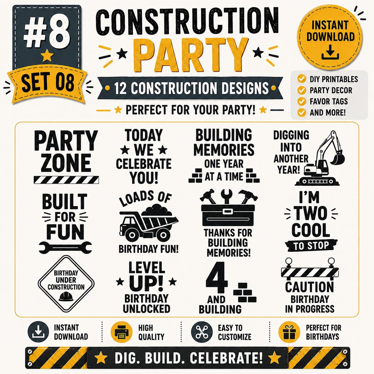 Construction Party SVG Bundle, Birthday Truck Cut File, Builder Theme (Digital Download)