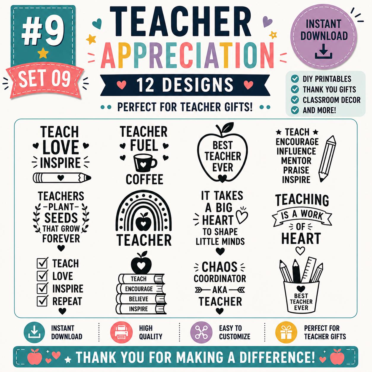 Teacher Appreciation SVG Bundle, 12 Designs, Teacher Gift Cut File (Digital Download)