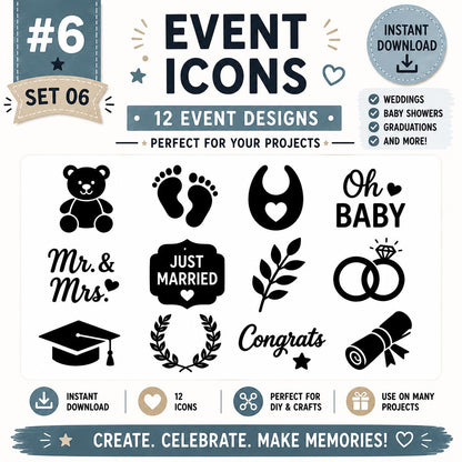 Event Icons SVG Bundle, Celebration Designs, Party Planning Cut Files (Digital Download)