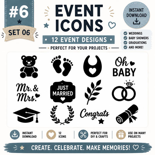 Event Icons SVG Bundle, Celebration Designs, Party Planning Cut Files (Digital Download)